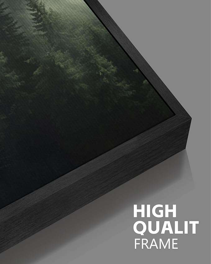 SHENIFY Green Fog Pine Tree Forest Canvas Wall Art Large 16x24in Framed Modern Artwork Prints Decor - Black Framed