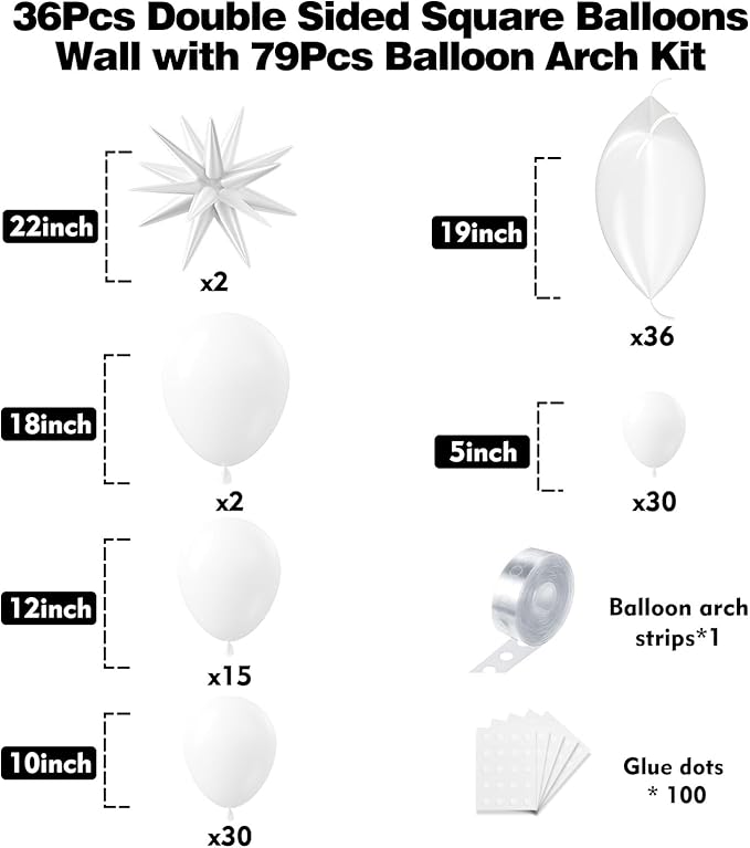 36pcs White Square Foil Balloons Wall Backdrop with 79pcs Balloon Garland Arch Kit, Double Sided Balloons Set for Birthday Bridal Shower Anniversary New Year Valentine's Day Party Decorations
