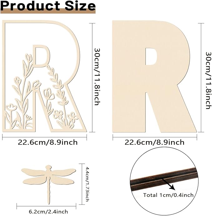Layered 12 Inch Large Wooden Letters for Wall Decor, Flowered Paintable Wooden Nursery Letters for Crafts Wood Alphabet Letter R for Birthday Boho Nursery Name Sign Wedding Home Decoration