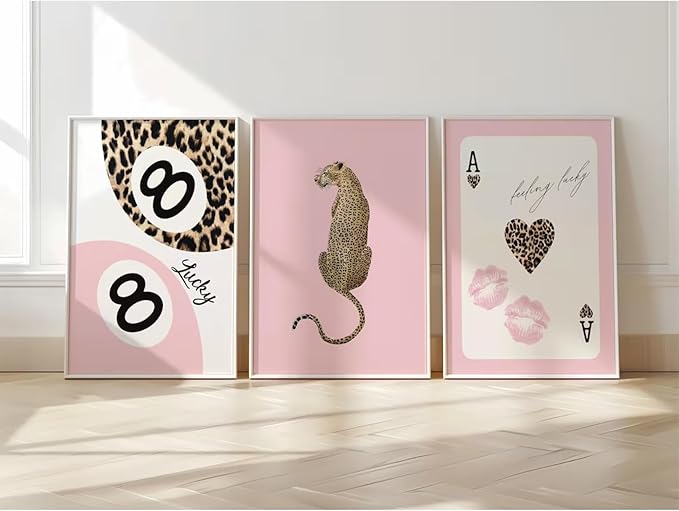 Lhoiplme Cheetah Trendy Wall Art Preppy Leopard Canvas Print Cheetah Room Wall Decor 8 Ball Poster Y2k Pink Coquette Luxury Print Lucky Aesthetic Fashion Pictures for Bedroom 16x24x3 Inch Unframed