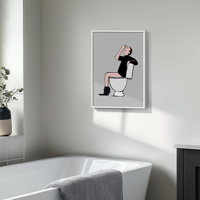 Framed Funny Bathroom Wall Decor, Black and White Quirky Man Canvas Painting Print Bathroom Humor Wall Art, Gray Cartoon Guy on Toilet Picture Artwork for Toilet Restroom Washroom Wall Decor, 12x16 In