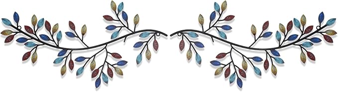 Hotop 2 Pieces Metal Tree Leaf Wall Decor Vine Olive Branch Leaf Wall Art Wrought Iron Scroll Sculptures Above the Bed, Living Room, Outdoor Decoration(Classic Style,Bright Color)
