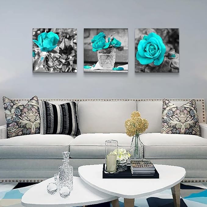 DZRWUBHS Large Canvas Wall Art For Bedroom 3 Piece Wall Decor For Living Room Black And White Paintings Flowers Pictures Blue Rose Canvas Prints Ready To Hang Room For Girls Home Decoration 16x16in