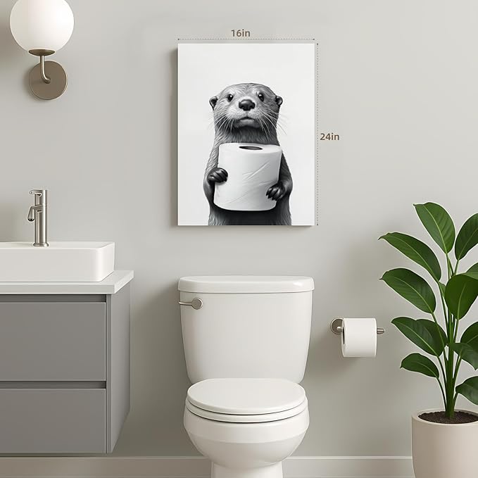 IAFWZX Framed Funny Bathroom Wall Art, Black and White Otter Holding Toilet Paper Wall Decor, Cute Animal Wrapped Canvas Painting, Humor Otter Poster Print for Restroom Guest Bedroom 16"x24"