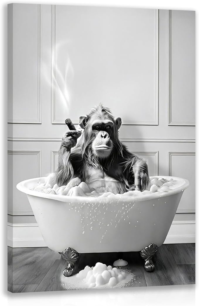IAFWZX Framed Funny Bathroom Wall Art, Black and White Chimpanzee in Bathtub Wall Decor, Cute Animal Wrapped Canvas Painting, Humor Gorilla Toilet Poster Print for Restroom Guest Bedroom 12"x16"