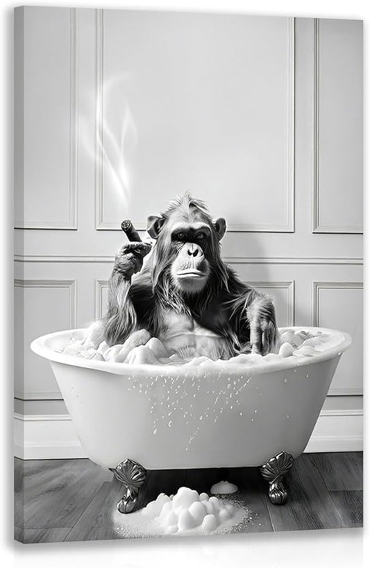 IAFWZX Framed Funny Bathroom Wall Art, Black and White Chimpanzee in Bathtub Wall Decor, Cute Animal Wrapped Canvas Painting, Humor Gorilla Toilet Poster Print for Restroom Guest Bedroom 12"x16"