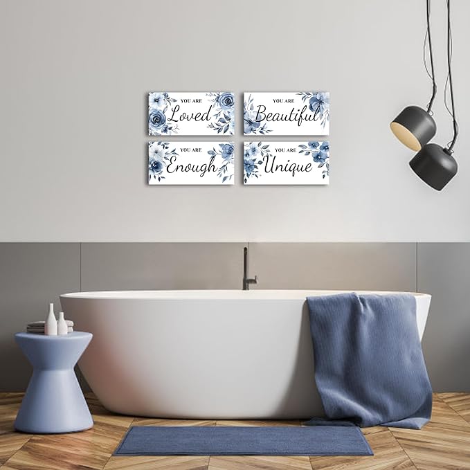 HOMEOART 4 Piece Framed Inspiration Floral Wall Decor Positive Saying Word Art Pictures Farmhouse Bathroom Wall Decor Painting Woman Teen Girl Room Sign, Framed 6x12inchx4pcs (Blue)