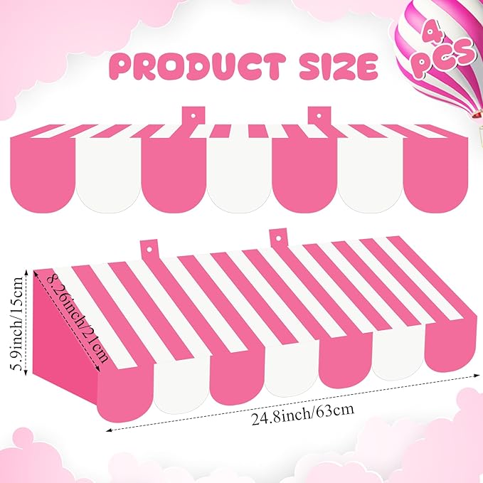 Tallew 4 Pcs 3D Circus Awning Wall Decoration Carnival Awning for Halloween Carnival Theme Party Classroom Decorations(Pink and White)