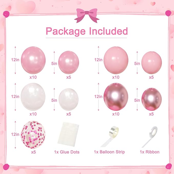 Pink Birthday Decorations for Women Girls, Metallic Pink Pearl White Confetti Foil Balloons Happy Birthday Banner Butterfly Fringe Curtains for birthday Party Supplies