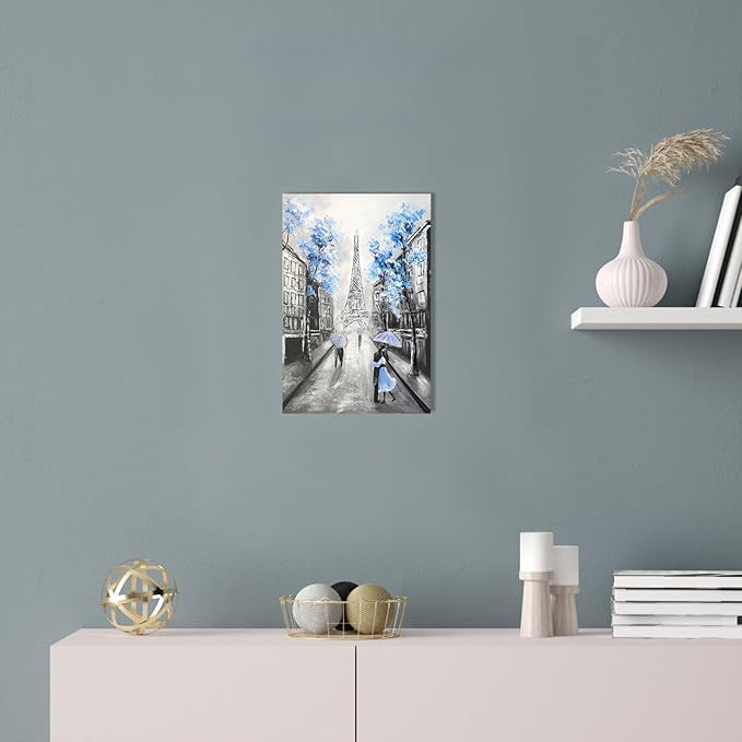 YPY Blue Floral Paris Canvas Wall Art: Blue Flower Grey Eiffel Tower Picture for Bathroom Decor, Painting Textured Street Scenery Print Modern Artwork Home Decoration 10 x 15