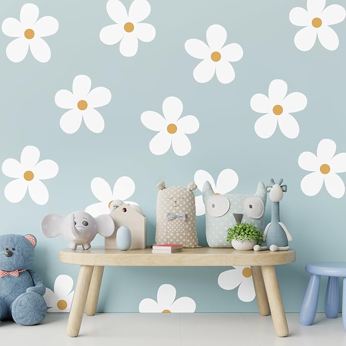 TaoBary 12 Sheet Daisy Wall Sticker Decal Removable Cute Daisy Bedroom Room Decor Flower Wall Sticker Pink White Flower Decal Wallpaper Peel and Stick for Nursery Home(White, Yellow,Charming Style)