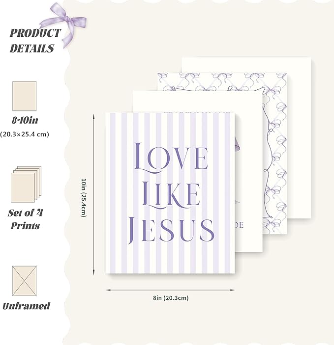 LARTSFRO Coquette Purple Bow Jesus Wall Art Decor Posters, Purple Bow Christian Room Bedroom Bathroom Dorm Wall Art Decor Aesthetic for Teen Girls Gifts, Inspirational Bible Verses Bow Wall Decor, 10x8 Inch Set of 4 Bow Pictures (UNFRAMED)