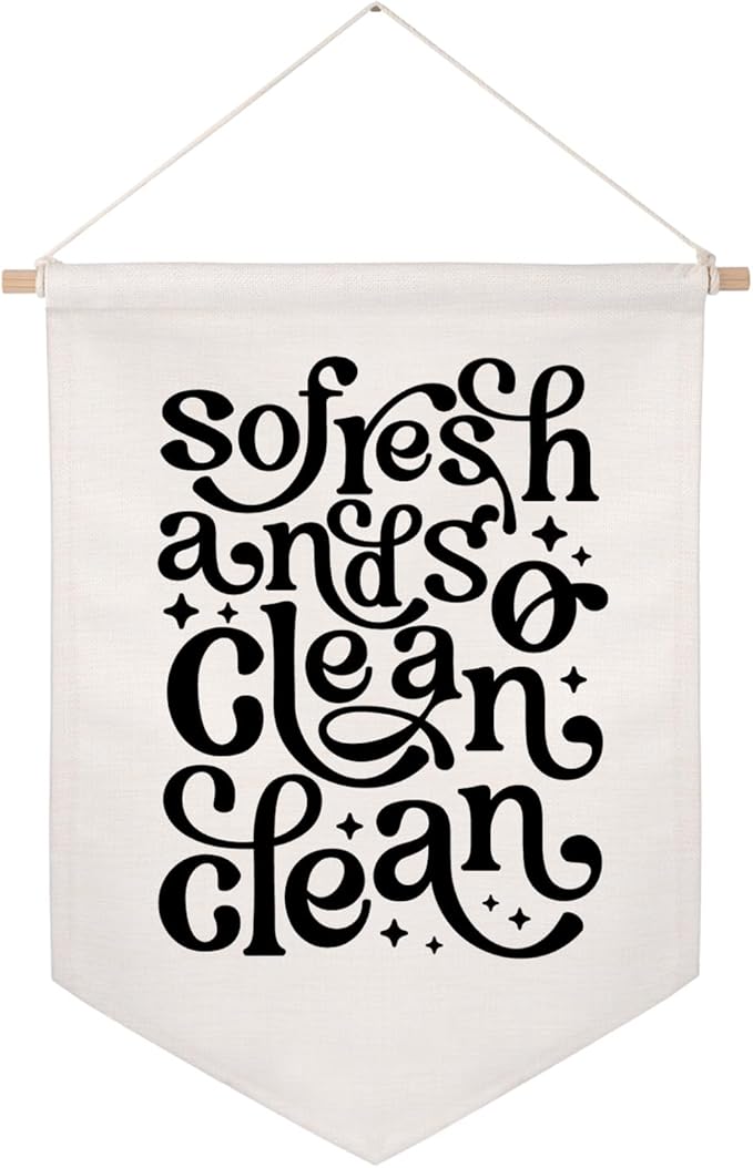 So Fresh and so Clean Clean Wall Hanging Banner, Bathroom Wall Decor, 70s Pennant Flag, Shelf Decor, Funky Wall Art, Laundry Room Decor, Funny Quotes, Trendy Wall Hanging Flag