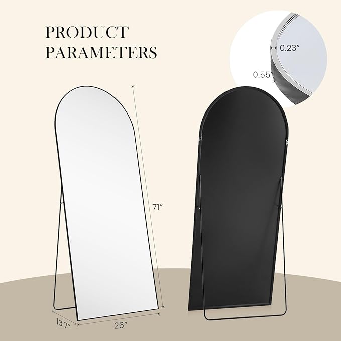 DUMOS Arched Full Length Mirror with Stand Floor Standing Aluminum Frame for Bedroom Body Hanging Leaning Modern Simple Home Decor Shatter-proorf Nano Glass Wall Living Room Natural Black, 70.4"x25.6"