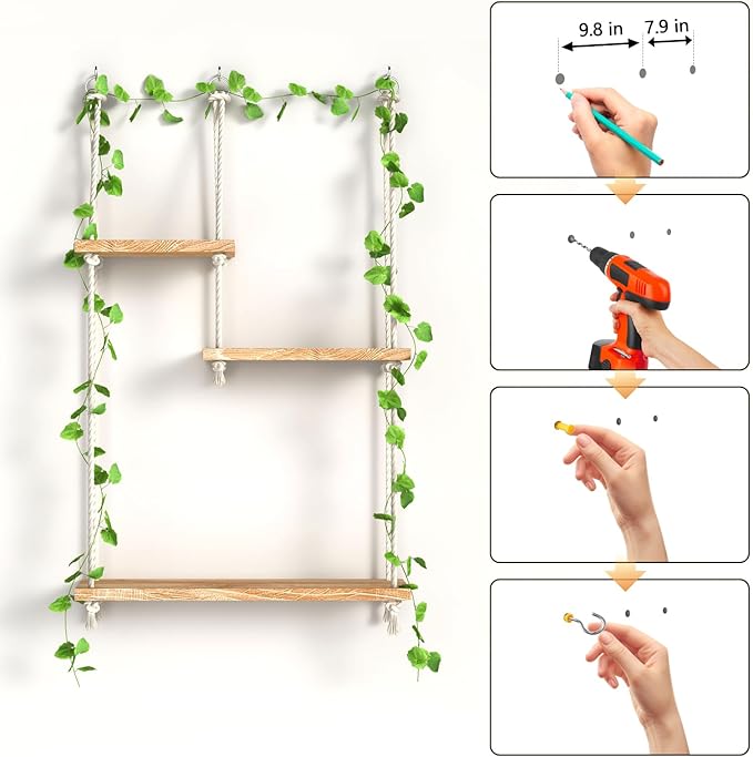 Hanging Shelves for Wall,Macrame Hanging Plant Shelf with Vine Lights 3 Tier Rope Floating Shelf Wood Organizer Storage Rack Boho Wall Decor Aesthetic for Succulents Bedroom Bathroom Kitchen