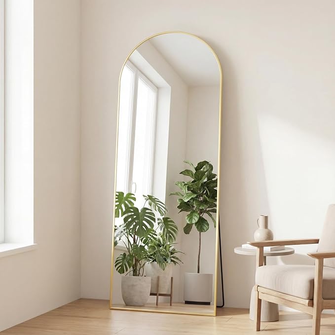 DUMOS Arched Full Length Mirror with Stand Floor Free Standing Aluminum Frame for Bedroom Body Hanging Leaning Modern Simple Home Decor Shatter-proorf Nano Glass Wall Gold 65"x24"