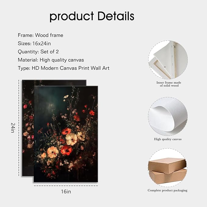 2Pcs Framed Canvas Prints Art Vintage Moody Floral, Classical Fall Wildflower Floral Painting, Rustic Dark Autumn Flower Wall Art for Living Room Bedroom Home Bathroom Wall Decor, 16x24in