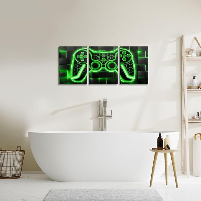 Feelyou Gamer Canvas Wall Art - 12"x16", 3-Piece Green & Black Ombre Gaming Decor, Office & Living Room