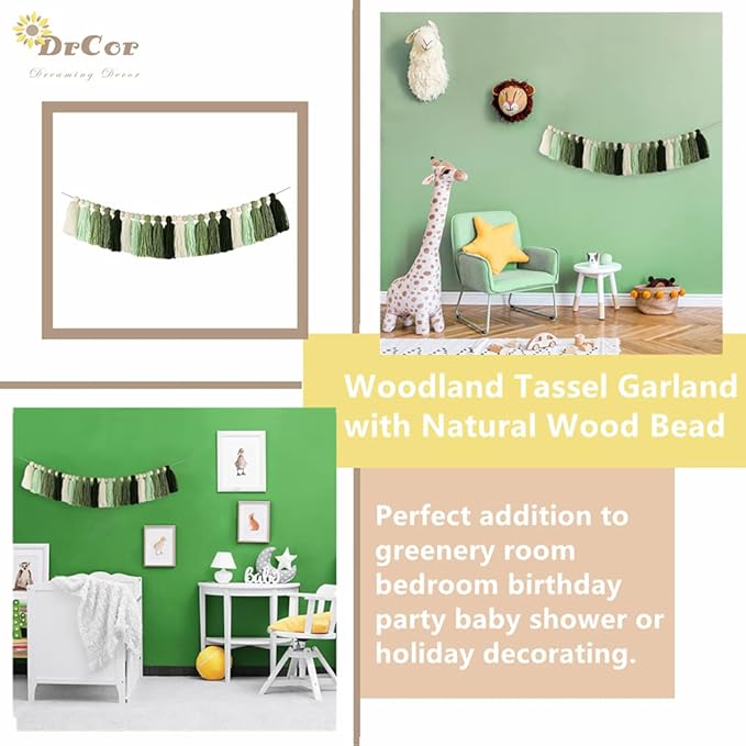 DrCor 15ft Sage Green Gradient Tassel Garland – Handmade Yarn Bunting Banner for Nursery, Kids Room, Baby Shower, Birthday Party Backdrop, Dorm Wall Hanging or Cozy Home Decor