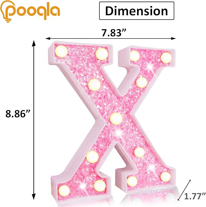 Pooqla LED Marquee Letter Lights, Pink Glitter Light Up Letters Alphabet Sign Battery Powered Night Light, Birthday Party Wedding Girls Gifts, Christmas Room Dorm Bedroom Decoration, Pink Letter X