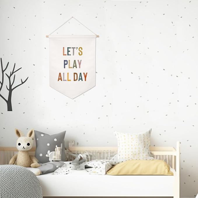 ZEARPT Let's Play All Day Flag Pennant Banner, Boho Nursery, Playroom Wall Hanging, 12.5 x 18 inches, Neutral Kids Decor