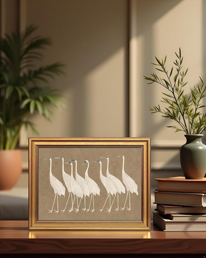 InSimSea Gold Framed Canvas Prints Wall Art, Vintage Bathroom Decor, Classical Cranes Animals Paintings Farmhouse Wall Decor Aesthetic, Retro Pictures for Bedroom Living Room Shelf, 12x16inch