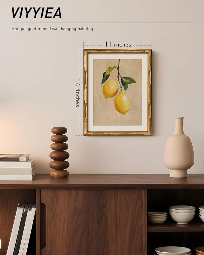 VIYYIEA Bamboo Detail Design Gold Framed Wall Art, Lemon Gold Framed Vintage Bamboo Style Wall Art for Living Room, Canvas Picture Print Painting, 11 x 14 Inch