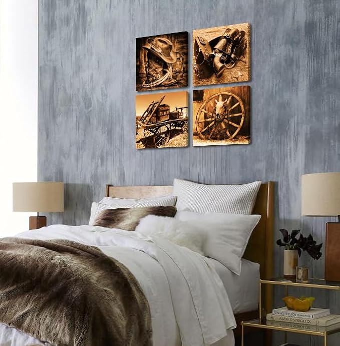 DJSYLIFE Western Decor Cowboy Wall Art for Men's Bedroom Office Canvas Printed Poster Home Decoration Artwork 12" x12" x 4pcs