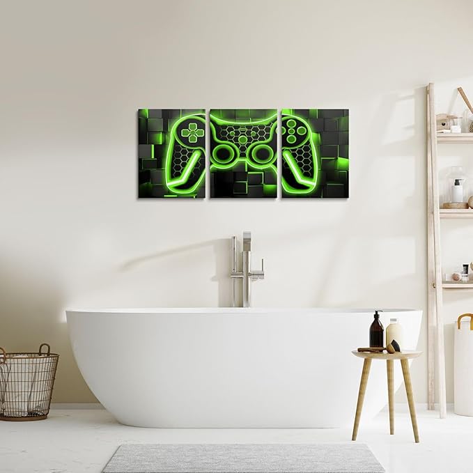 Feelyou Gamer Canvas Wall Art Gaming Bathroom Wall Art for Home Decor 12"x16" 3 Piece for Lighting Honeycomb Game Controller Office Wall Artwork Posters Green and Black Geometric Wall Painting
