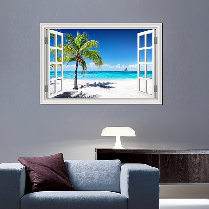 Beach Pictures Wall Art Decor for Living Room Blue Ocean Painting for Bedroom White Window Frame Style Palm Trees Canvas Wall Blue Coastal Landscape Artwork for Bathroom Home Office Decorations, Ready to Hang (24*36, Beach Palm Trees Wall Art)