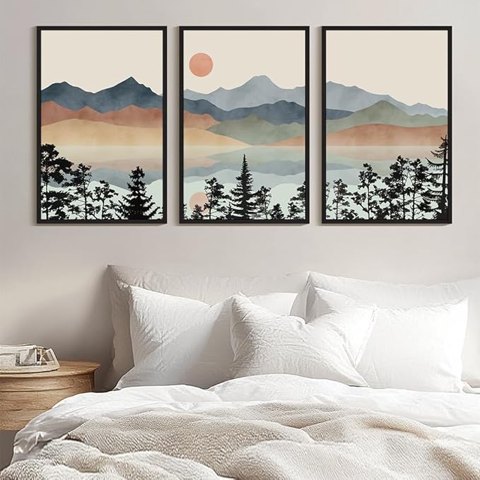 Drsoum Mountain Range Landscape Wall Art Framed Ink Wash Watercolor Nature Wall Decor Laker Sun Rises Prints Bedroom Living Room Ready to Hang 24x36in Black Framed