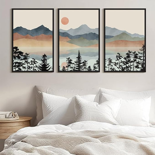 Drsoum Mountain Range Landscape Wall Art Framed Ink Wash Watercolor Nature Wall Decor Laker Sun Rises Prints Bedroom Living Room Ready to Hang 24x36in Black Framed