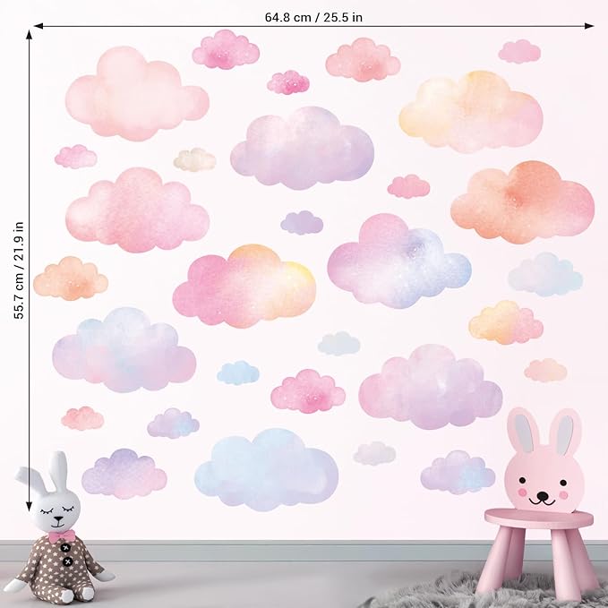 DECOWALL DS4-8094 Pastel Cloud Wall Stickers – Watercolor Sky Decals for Kids’ Room, Nursery & Playroom – Removable & Repositionable Wall Art – 64.8 × 55.7 cm / 25.5 × 21.9 in