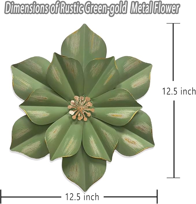 Metal Flower Wall Sculpture, 12.5" Rustic Modern Floral Artwork, Distressed 3D Layered Iron Flower Wall Hanging Accent for Indoor Kitchen Bedroom Living Room Office OutdoorGarden Patio Decor (Green)