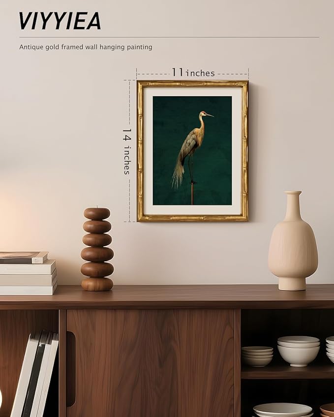 VIYYIEA Bamboo Detail Design Gold Framed Wall Art for Living Room, Crane Canvas Wall Art, Animals Picture Print Painting, Vintage Room Decor Aesthetic Halloween Christmas Bedroom Kitchen, 11 x 14 Inch