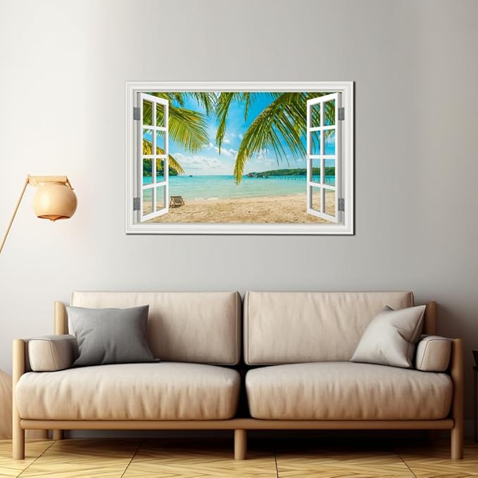 Beach Wall Art Decor Tropical Ocean Canvas Picture for Living Room White Window Frame Style Blue Seascape Paiting for Bedroom Coastal Theme Landscape for Home Office Decorations Ready to Hang(24"*36")