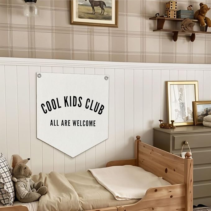 Cool Kids Club Pennant Banner – Playroom Decor, Boyhood Linen Pennant, Kids Wall Hanging, Canvas Triangle Flag for Toddler Boy Nursery & Playroom Essentials, 14.5x12.6 in