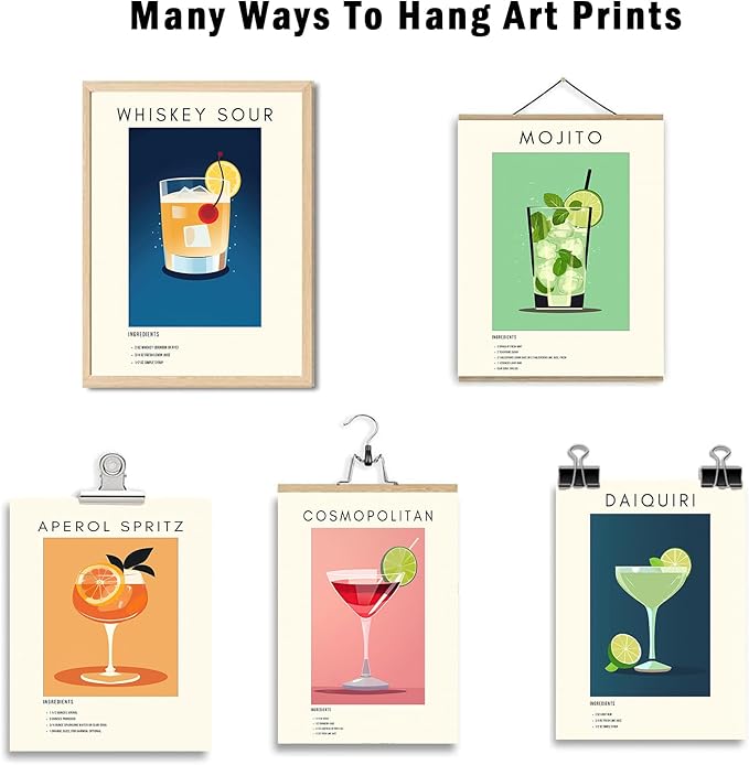 Retro Cocktail Poster Bar Wall Art, Classic Cocktail Wall Decor Set of 12 Vibrant Colorful Preppy Alcohol Prints, Minimalist Alcohol Pictures for College Apartment Wall Decor (8x10 Inches Unframed)