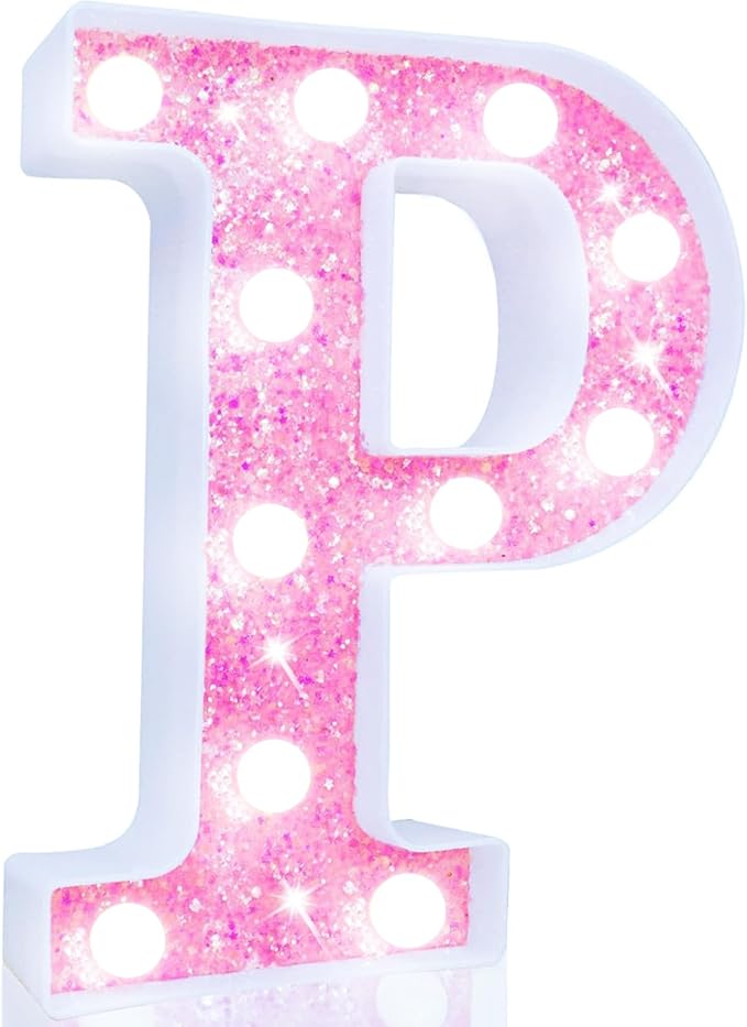 Pooqla LED Marquee Letter Lights, Light Up Letters Glitter Letter Sign Girls Gift, Battery Powered Night Light Pink Birthday Party Room Wedding Christmas Girls Bedroom Dorm Decoration, Cool White P