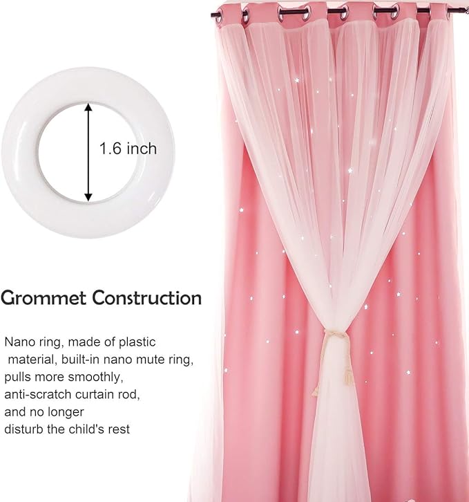 UNISTAR 2 Panels Stars Blackout Curtains for Bedroom Girls Kids Baby Window Decoration Double Layer Star Cut Out Aesthetic Living Room Decor Wall Home Curtain,W52 x L95 Inches,Pink