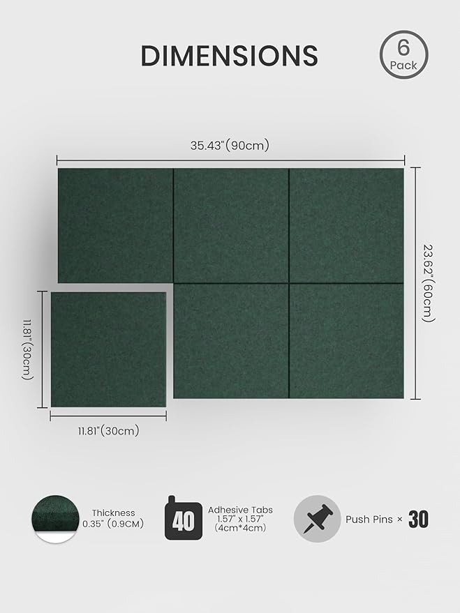 Bumusty Large Cork Board 36" x 24" Alternative - 6 Pack Felt Wall Tiles with 40 Safe Removable Adhesive Tabs, 30 Pushpins, Cork Boards for Walls Pin Board Bulletin Board Office Decor (Pine Green)
