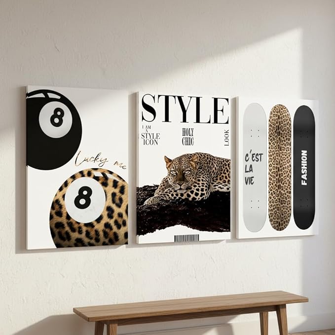 3Pcs Trendy Leopard Canvas Wall Art Preppy Aesthetic Stylish Leopard Painting Picture Wall Decor Funky Lucky 8 Ball Cheetah Poster Print Artwork for Bedroom Living Room Bathroom Home Decoration
