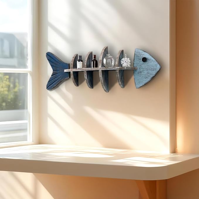 Wooden Fish Wall Shelf, Wood Fish Beach Decor Display Shelf, Nautical Coastal Style Wall - Mounted Organizer in Bedroom，Living Room，Lake House, Bathroom