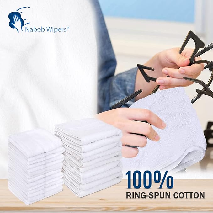 Nabob Wipers White Terry Rags 2lb Bulk Towel Rag Multipurpose 12x12 Inches 100% Cotton Ring Spun Cleaning Solution for Body Shops, Garages, Restaurants, Home, Bars (24 Pack)