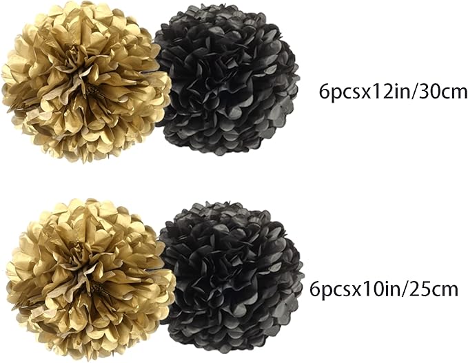 Black Gold Paper Pom Poms for Wedding Birthday Black Gold Party Decoration - Ceiling Wall Hanging Tissue Flowers - 12pcs 2 Colors of 12 Inch 10 Inch