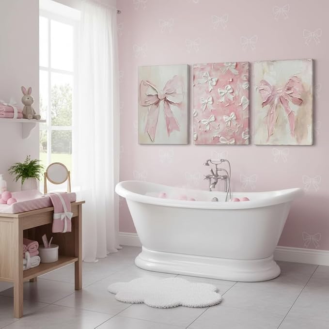 3Pcs Trendy Pink Bow Canvas Wall Art Vintage Cute Preppy Watercolor Bow Painting Pictures Wall Decor Posters Prints Girly Aesthetic for College Apartment Bedroom Decoration