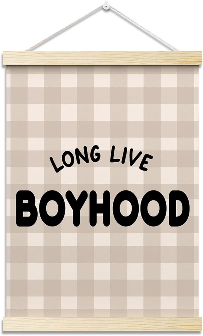 Long Live Boyhood Posters Hanger Frame for Boys Room Checkered Hanging Poster for Bedroom Kids Room Classroom Decor Wall Art Decor for Nursery Playroom Canvas Wall Art Print 16x12 Inches - YY042