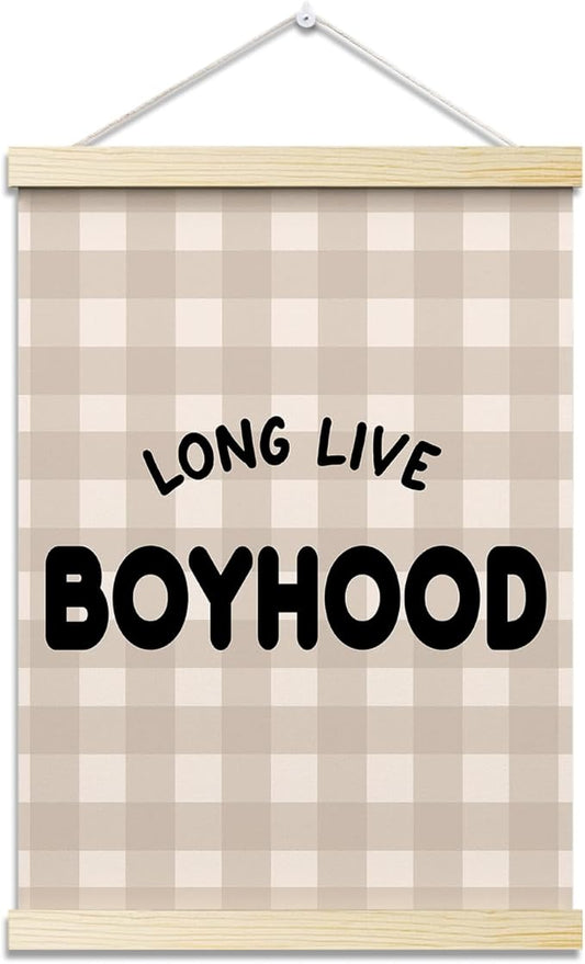 Long Live Boyhood Posters Hanger Frame for Boys Room Checkered Hanging Poster for Bedroom Kids Room Classroom Decor Wall Art Decor for Nursery Playroom Canvas Wall Art Print 16x12 Inches - YY042