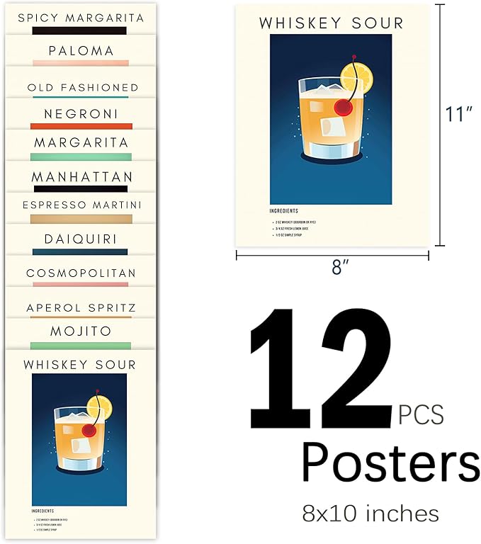 Retro Cocktail Poster Bar Wall Art, Classic Cocktail Wall Decor Set of 12 Vibrant Colorful Preppy Alcohol Prints, Minimalist Alcohol Pictures for College Apartment Wall Decor (8x10 Inches Unframed)