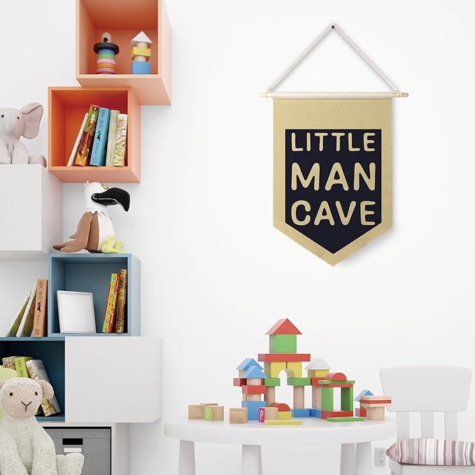 Qpenm Little Man Cave Hanging Wall Canvas Banner,Kids Room Hanging Pennant Flag Prints,Nursery Hanging Wall Canvas Banner,Baby Boy Girl Nursery Decornursery Wall Art Decor